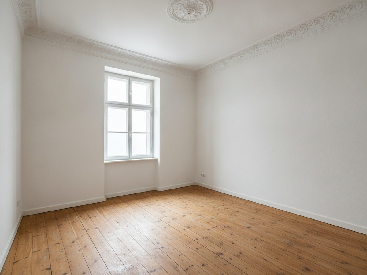 Digital leergeräumtes Zimmer in einem Altbau: kahle Dielen, weiße Wände und ein Fenster mit Läden, ohne jedes Möbelstück
