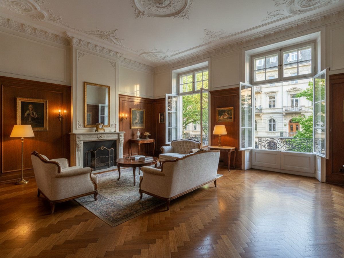 Flambient-Aufnahme eines Altbau-Wohnzimmers, bei der sowohl der Innenraum als auch der Blick nach draußen gut belichtet sind