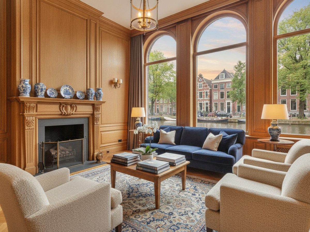 Flambient-opname van een grachtenpand-woonkamer waarbij zowel het interieur als het uitzicht op de gracht goed belicht zijn