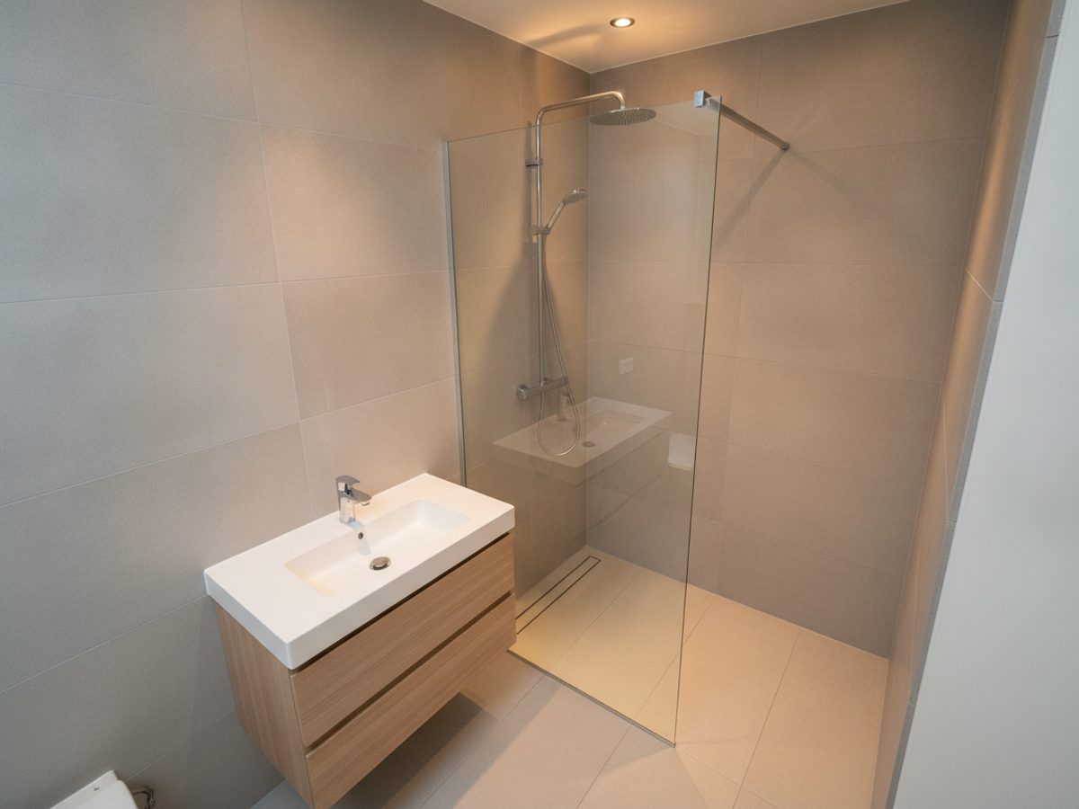 Kleine badkamer met inloopdouche volledig in beeld gebracht met een groothoeklens, vanuit een hoge hoek