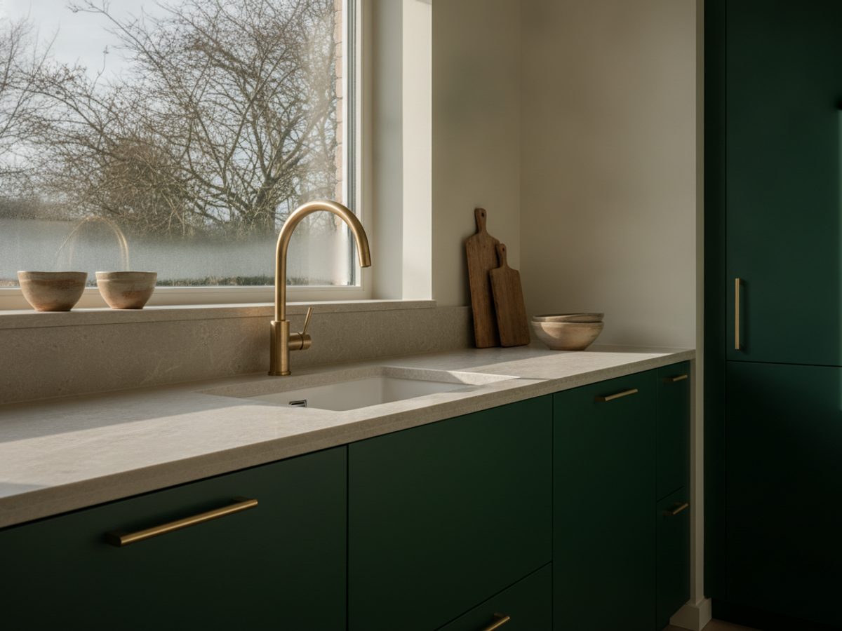 Renovatie-impressie van een vernieuwde keuken met diepgroene fronten en een stenen werkblad, laag winterlicht over het aanrecht