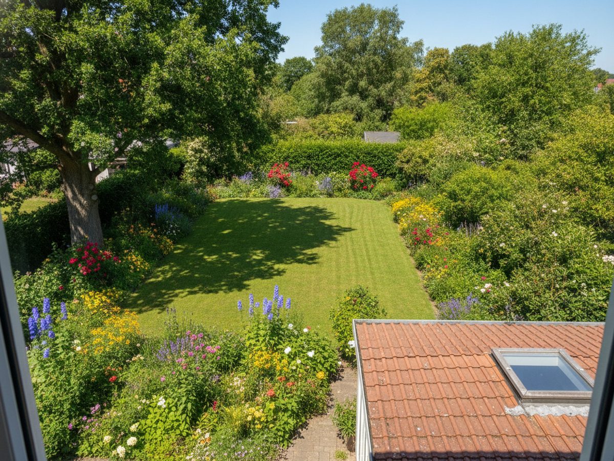 Jahreszeiten-Foto: Hausgarten im Hochsommer mit blühenden Beeten und gemähtem Rasen, von oben aus einem Obergeschossfenster gesehen