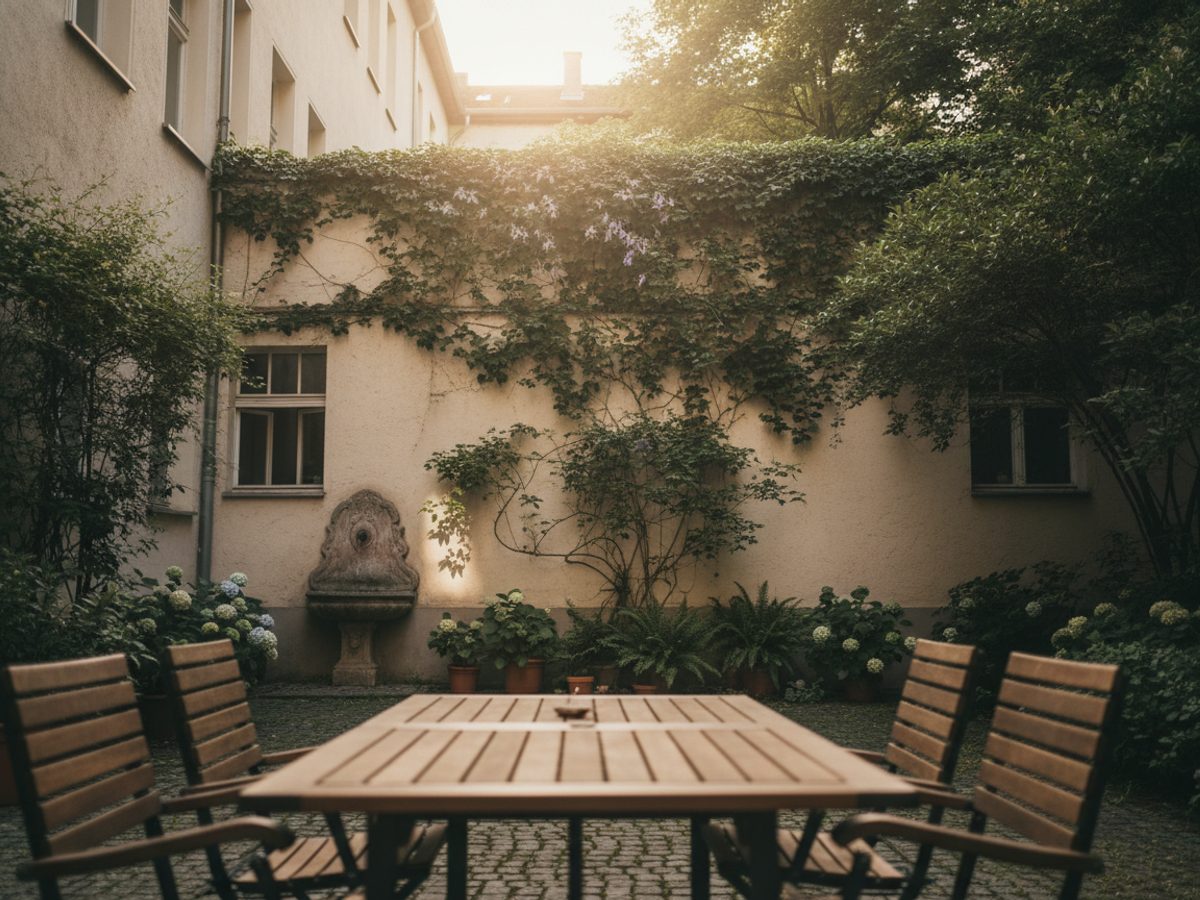 Eingerichteter Stadtgarten mit Holztisch und vier Stühlen auf einer Terrasse, Kletterpflanzen an der Mauer, tiefes Abendlicht