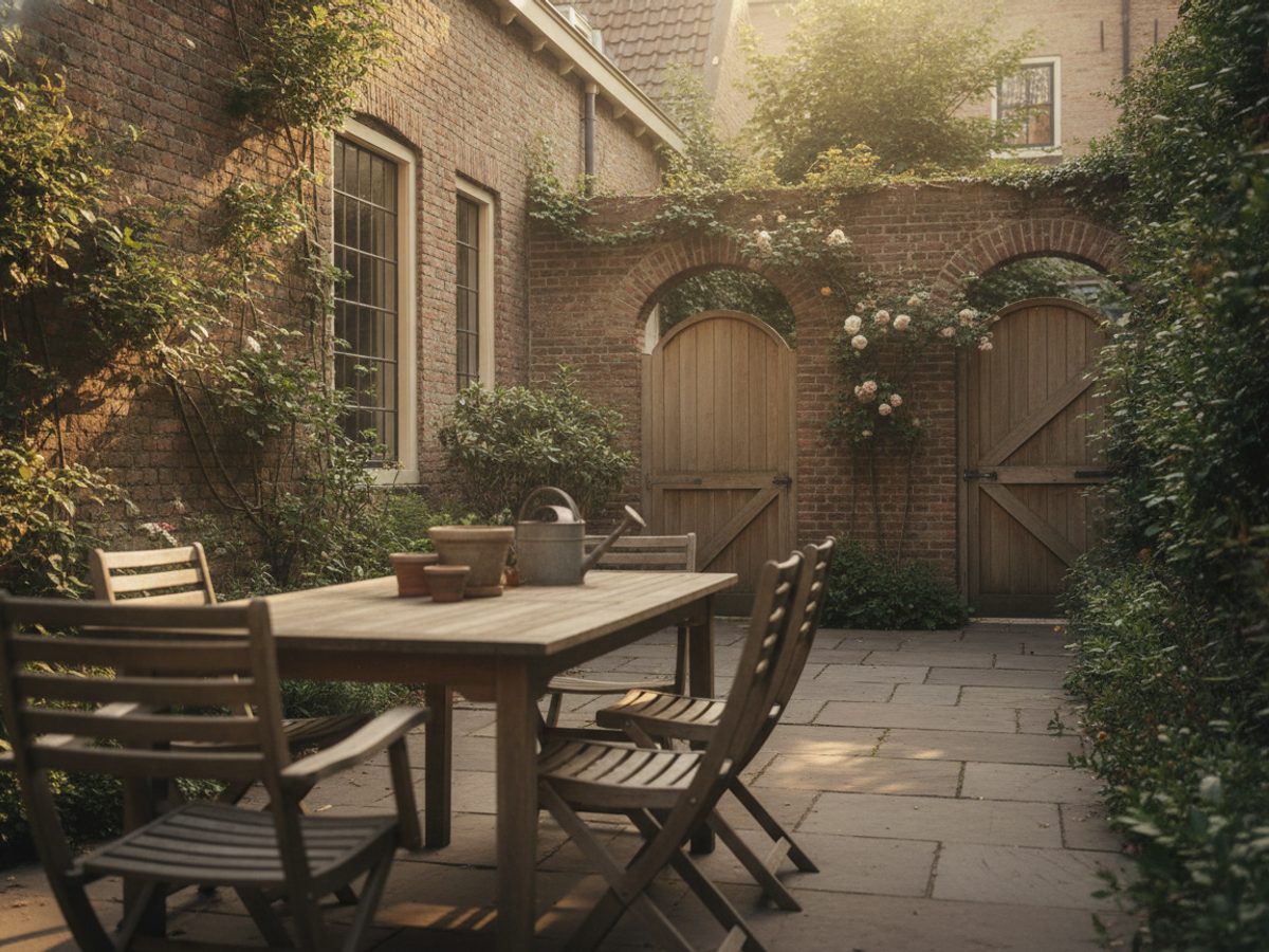 Ingerichte stadstuin met houten tafel en vier stoelen op een terras, klimplanten tegen de muur, laag avondlicht