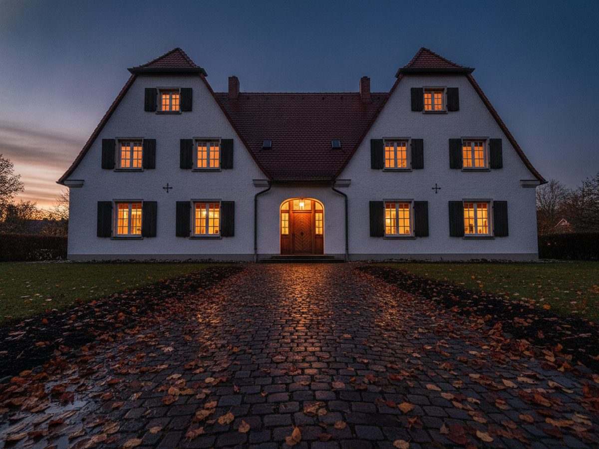 Twilight-Foto einer Doppelhaushälfte aus den 1930er Jahren in der Dämmerung, alle Fenster warm erleuchtet vor tiefblauem Abendhimmel