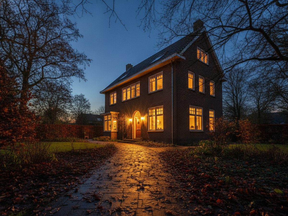 Twilight-foto van een jaren-30 twee-onder-een-kapwoning in de schemering, alle ramen warm verlicht tegen een diepblauwe avondlucht
