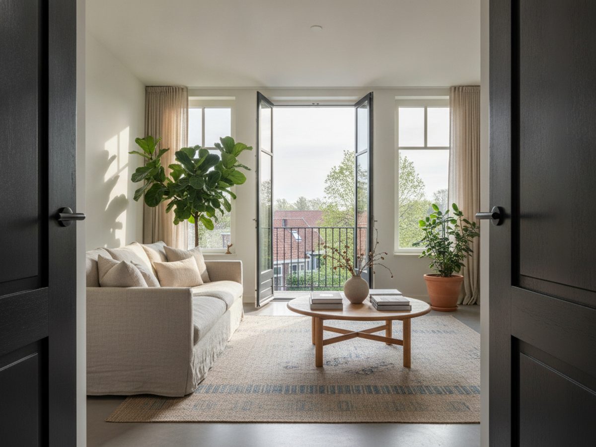 Virtual staging: lichte woonkamer van een nieuwbouwappartement, digitaal ingericht met bank, salontafel en planten, gezien vanuit de deuropening
