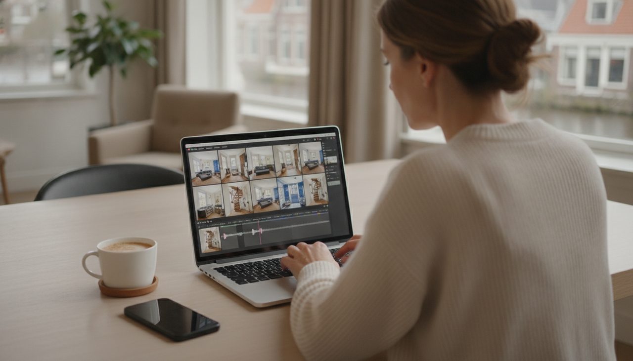 Een woningvideo maken uit je bestaande foto’s — Vastgoedstudio Makelaar maakt aan een laptop een woningvideo van kamerfoto’s met een audio-tijdlijn, uitzicht op Hollandse grachtpanden