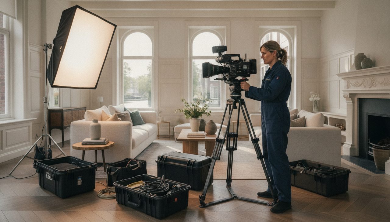 Woningvideo door een videograaf op locatie — Vastgoedstudio Videograaf met professionele camera op statief en softbox-verlichting filmt een lichte woonkamer tijdens een opnamedag