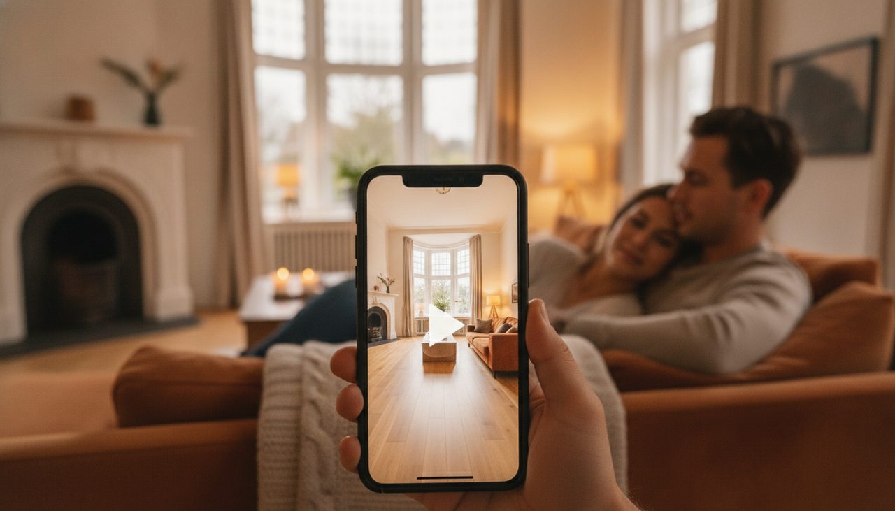 Een echte woningvideo houdt de aandacht vast — Vastgoedstudio Kijker bekijkt op een telefoon een woningvideo met afspeelknop, met een warme woonkamer op de achtergrond