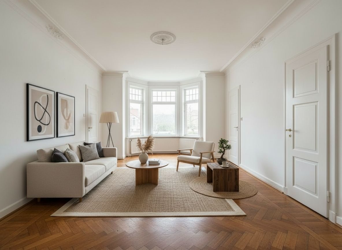 Dasselbe leere Wohnzimmer — drei Stile — Japandi