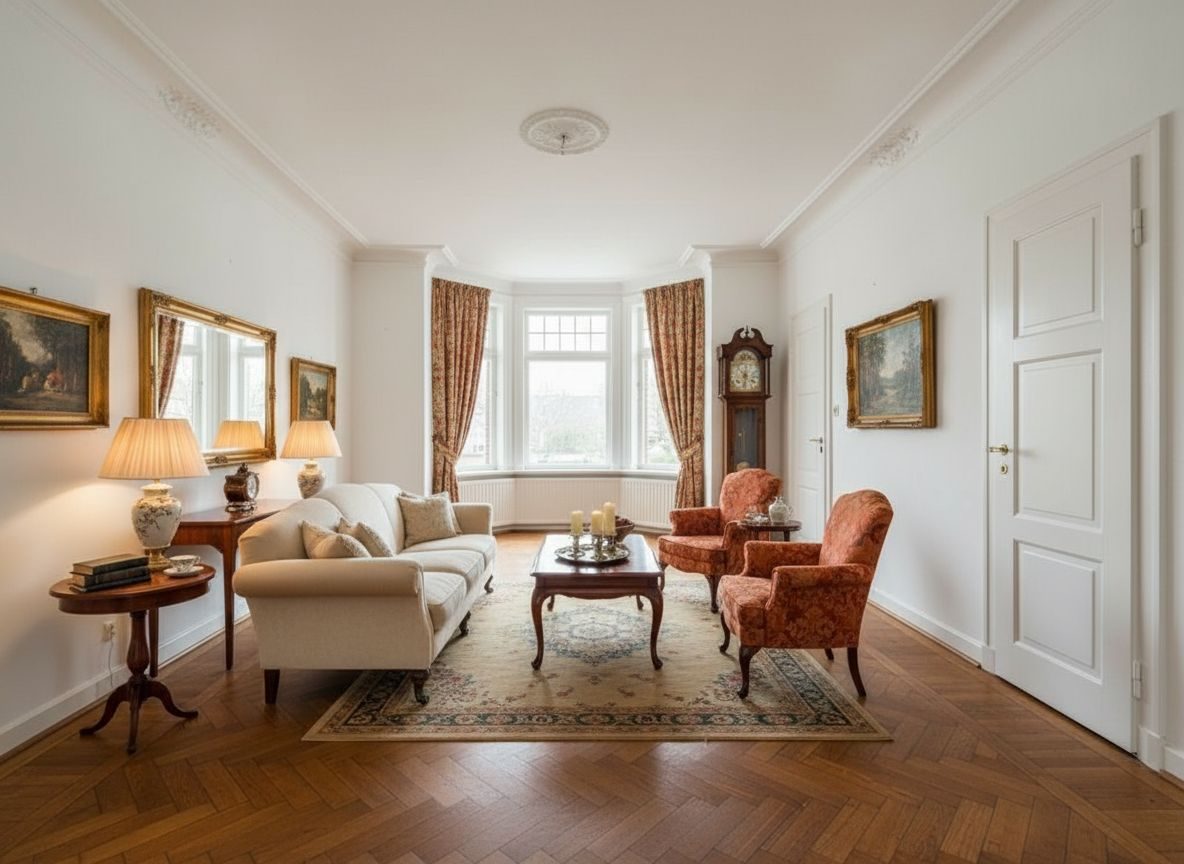Dasselbe leere Wohnzimmer — drei Stile — Klassisch