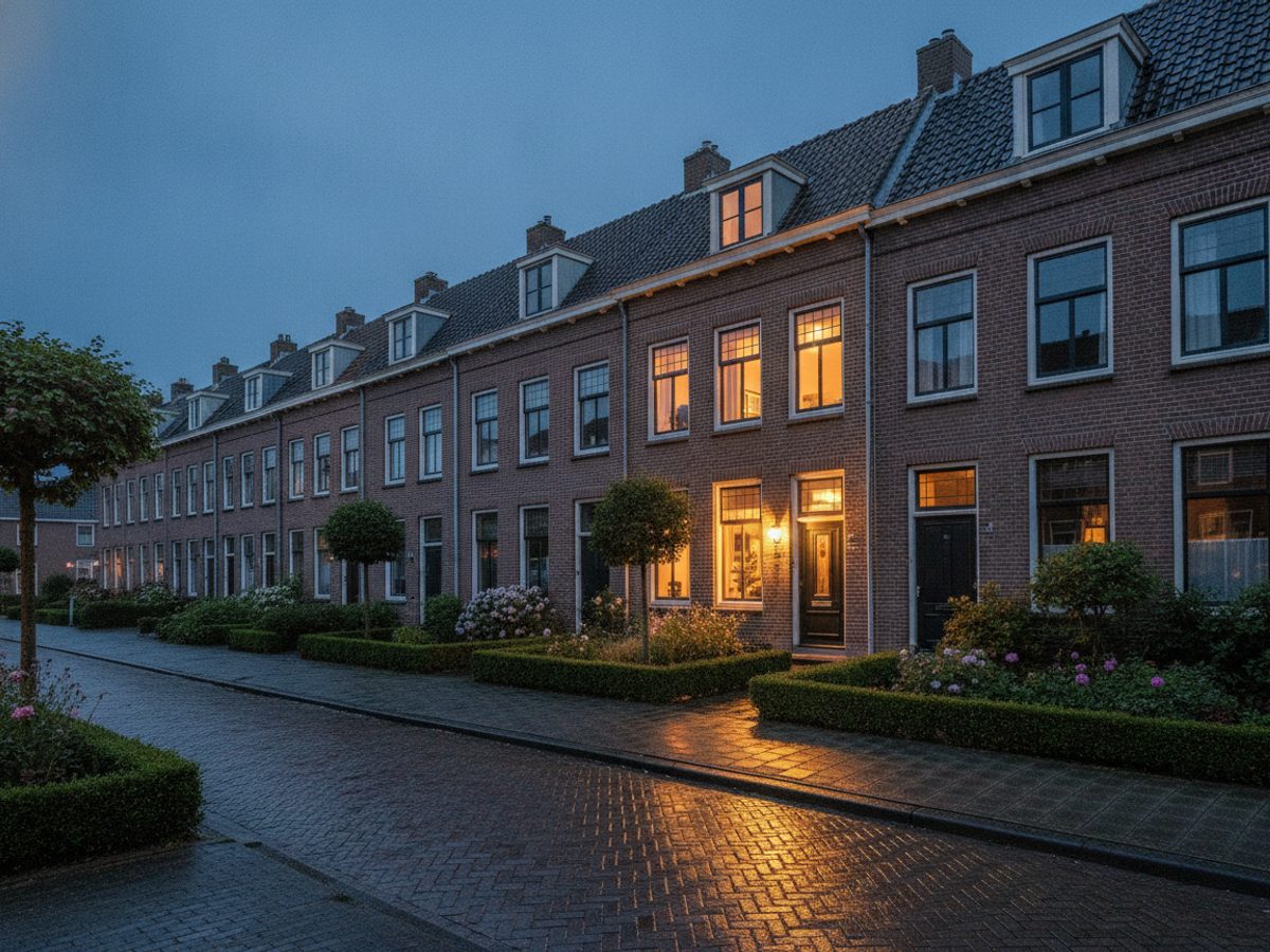 Rij Nederlandse woningen in avondlicht waarvan er één warm verlicht uitspringt