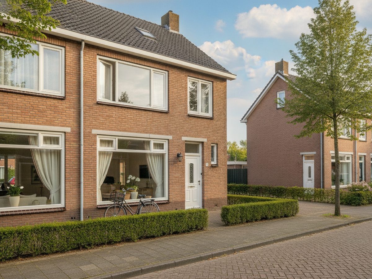 Gewone Nederlandse twee-onder-een-kapwoning met fiets tegen de gevel, op een heldere ochtend