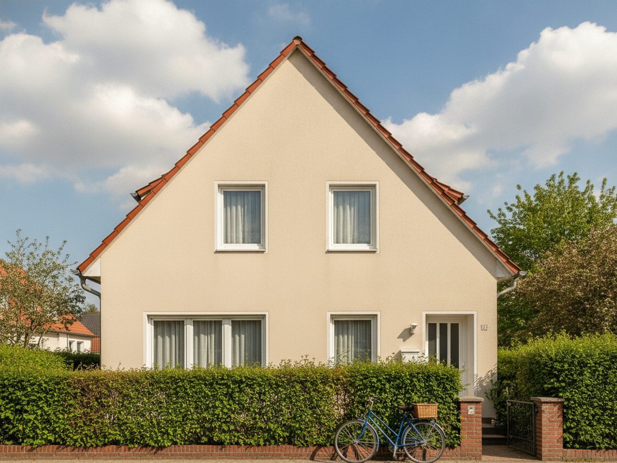 Gratis-Testvideo Ihres Objekts — Vastgoedstudio Schlichtes deutsches Einfamilienhaus mit steilem Ziegeldach und Fahrrad an der Hecke, an einem hellen Frühlingsmorgen