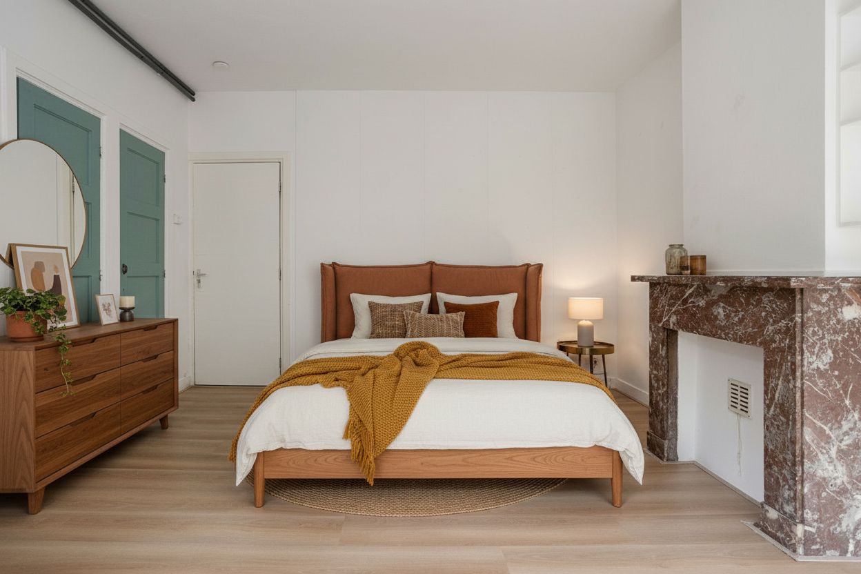 Schlafzimmer, virtuell eingerichtet (KI-Visualisierung)