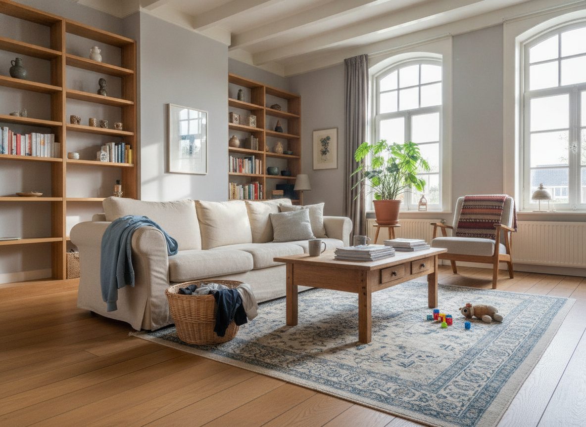 Bewohntes Wohnzimmer mit Wäschekorb, Spielzeug und Unordnung (Beispielraum)