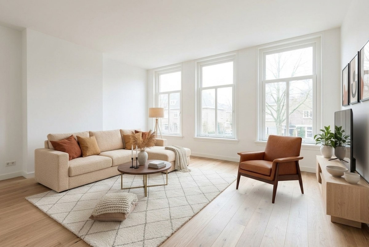 Dezelfde woonkamer met de fauteuil uit de winkelcollectie automatisch geplaatst (echte tooloutput)