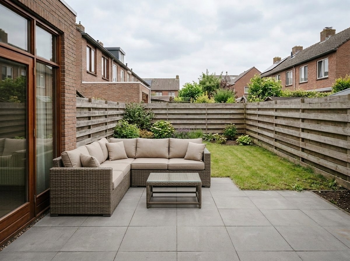 Dezelfde achtertuin met een wicker loungeset automatisch op het terras geplaatst (echte tooloutput)