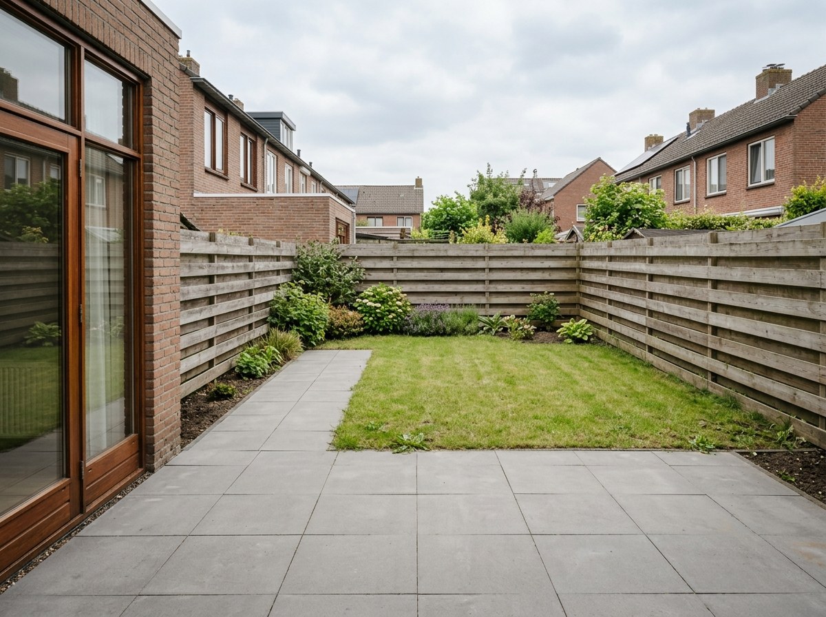 Gewone Nederlandse achtertuin met leeg betegeld terras (demotuin)