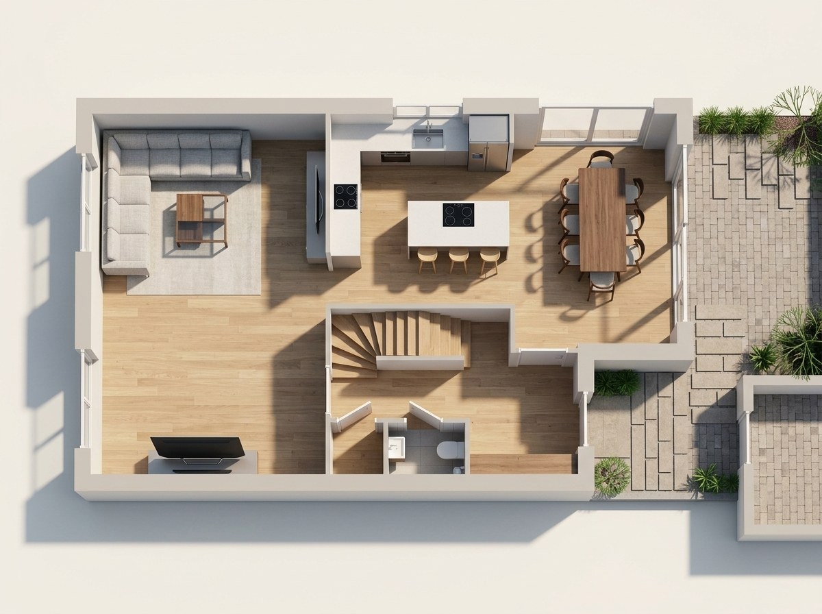 Dezelfde plattegrond als fotorealistisch 3D-overzicht met ingerichte kamers (echte tooloutput)
