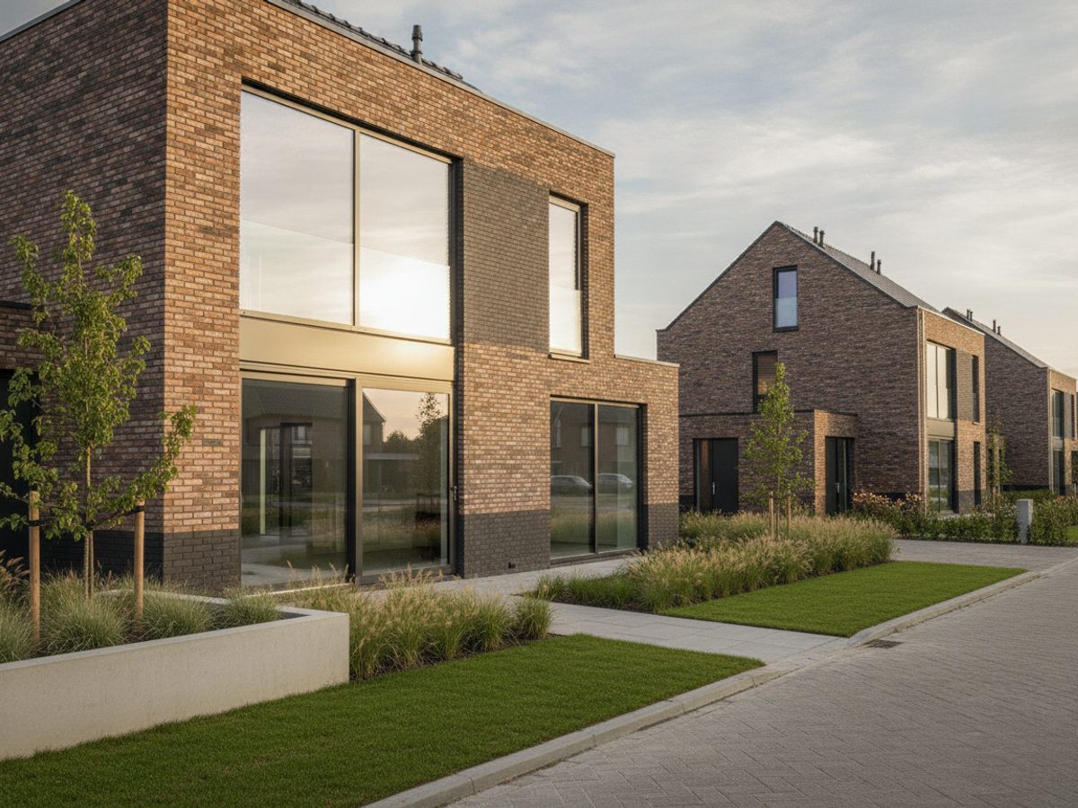 Virtual staging Almere — Vastgoedstudio Lichte Almeerse nieuwbouwwoning met moderne gevel en jonge tuin — virtual staging Almere