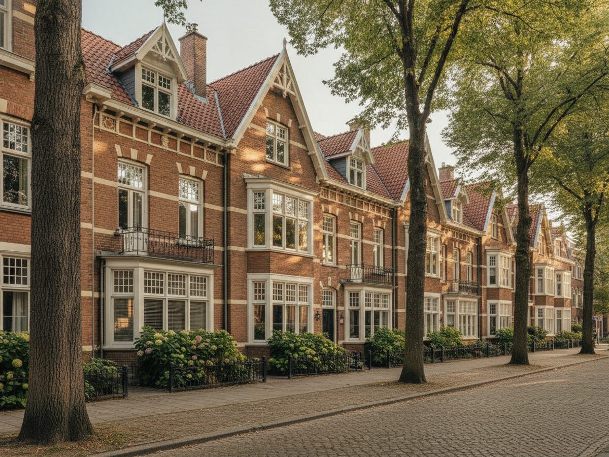 Virtual staging Den Haag — Vastgoedstudio Statige Haagse jaren-30 straat met erkers en rode pannendaken — virtual staging Den Haag