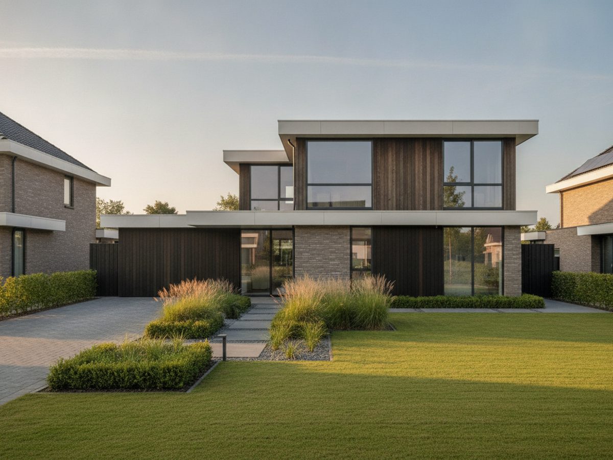 Virtual staging Eindhoven — Vastgoedstudio Moderne Eindhovense gezinswoning met plat dak en grote ramen — virtual staging Eindhoven