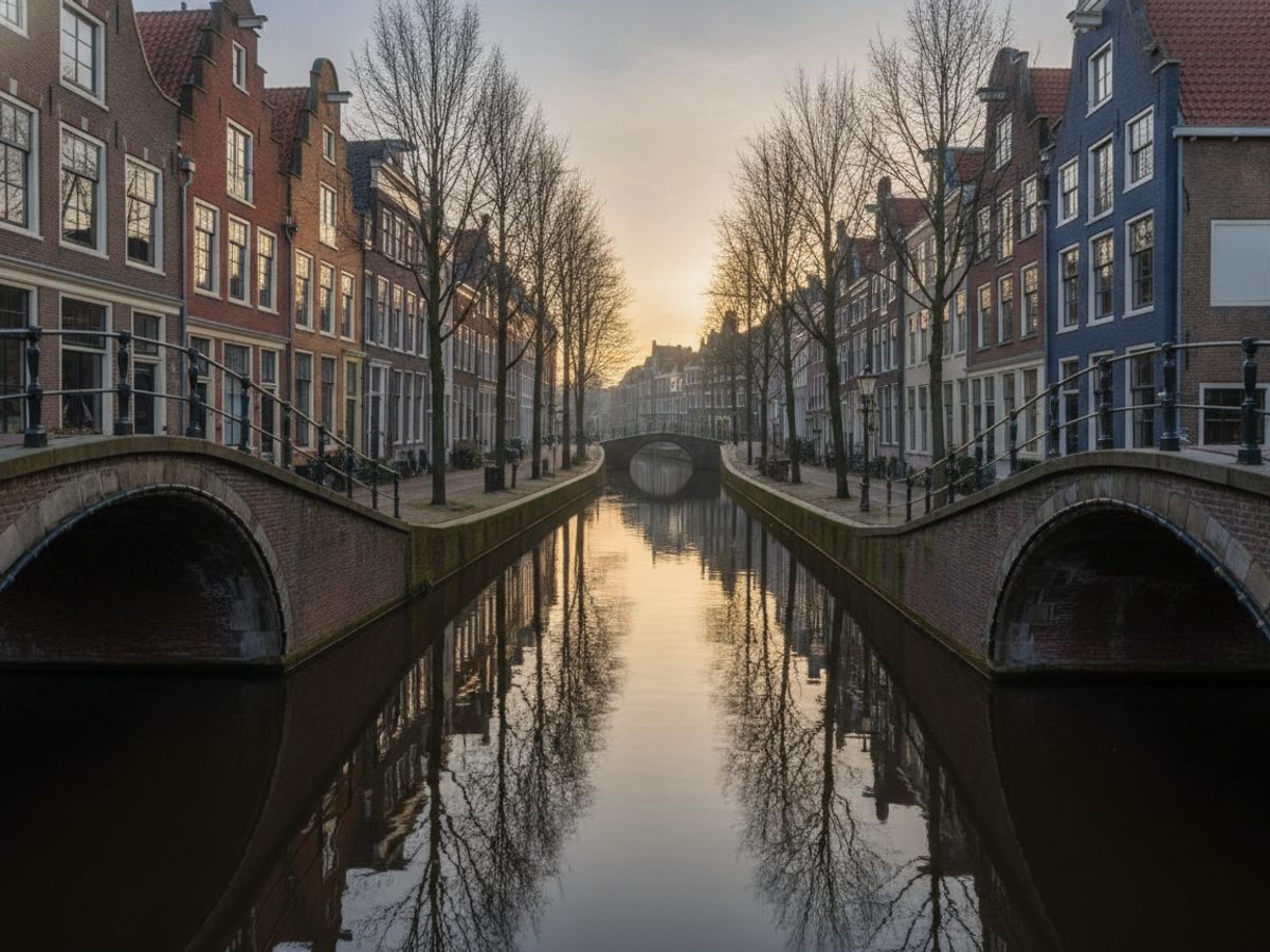 Virtual staging Leiden — Vastgoedstudio Historische Leidse gevels aan een gracht met een brug — virtual staging Leiden