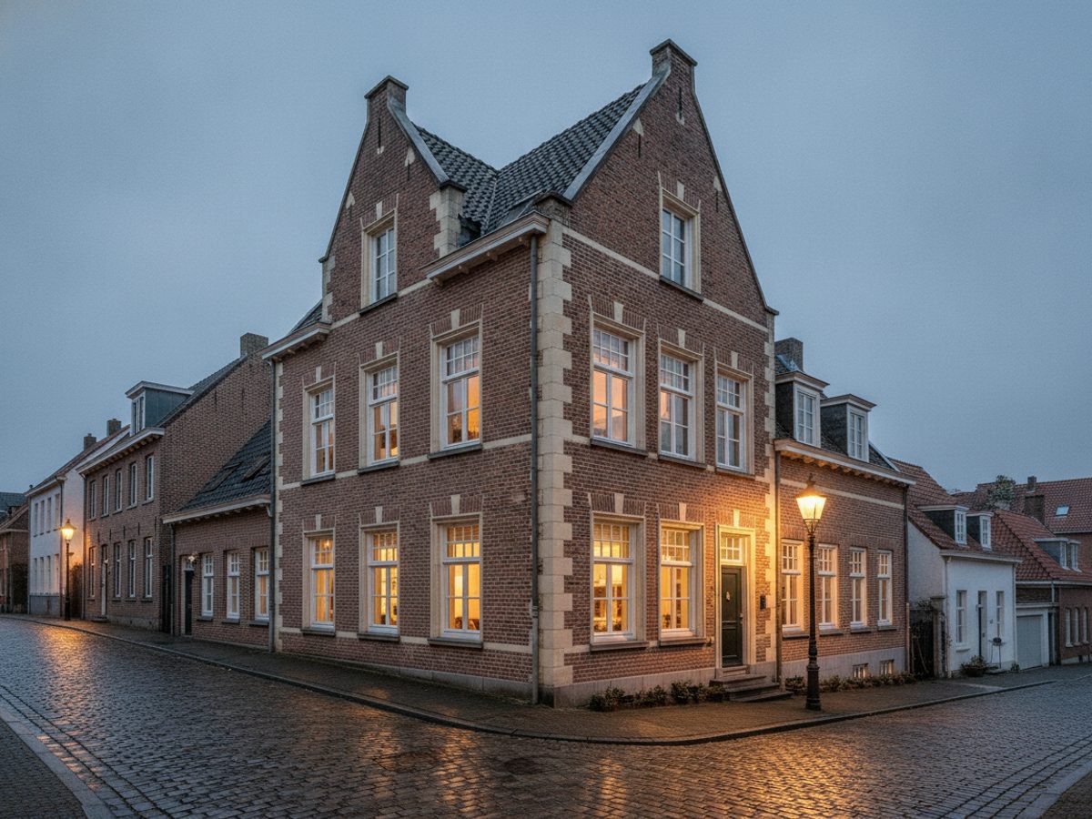 Historisch Nederlands hoekpand met klokgevel aan een geplaveide straat — virtual staging Maastricht