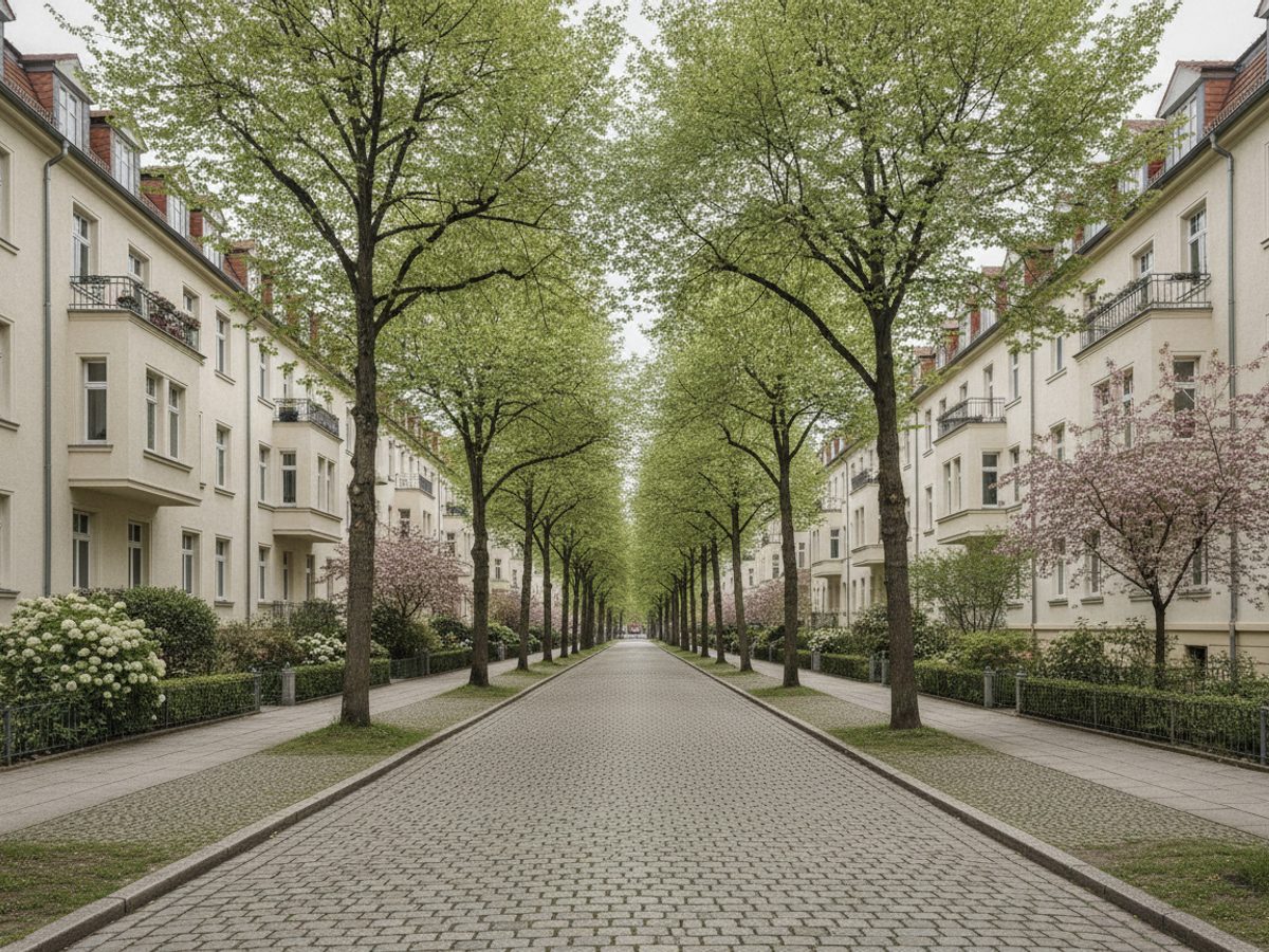 Gepflegte Altbau-Wohnhäuser mit Stuckfassaden und Vorgärten an einer breiten Allee — virtuelles Home Staging Düsseldorf