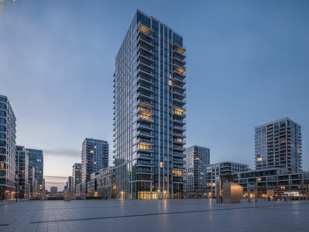 Modernes Frankfurter Wohnhochhaus mit Glasbalkonen vor der Skyline — virtuelles Home Staging Frankfurt