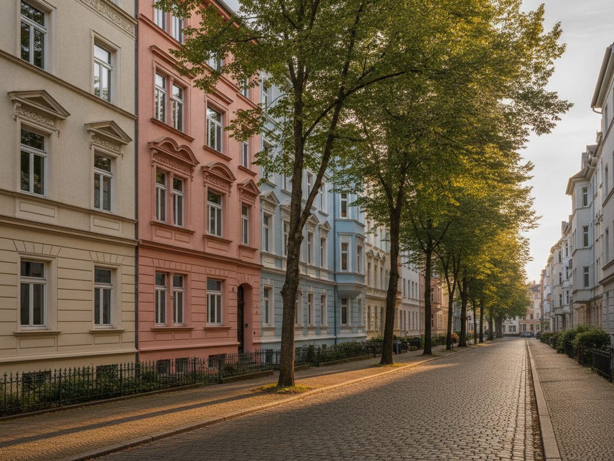 Virtuelles Home Staging Köln — Vastgoedstudio Kölner Gründerzeit-Etagenhäuser mit Stuckfassaden und hohen Fenstern an einer Straße mit Bäumen — virtuelles Home Staging Köln