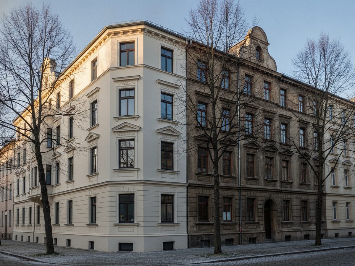 Virtuelles Home Staging Leipzig — Vastgoedstudio Leipziger Gründerzeit-Wohnhäuser, teils frisch saniert und teils noch im Altbestand, an einer ruhigen Straße — virtuelles Home Staging Leipzig