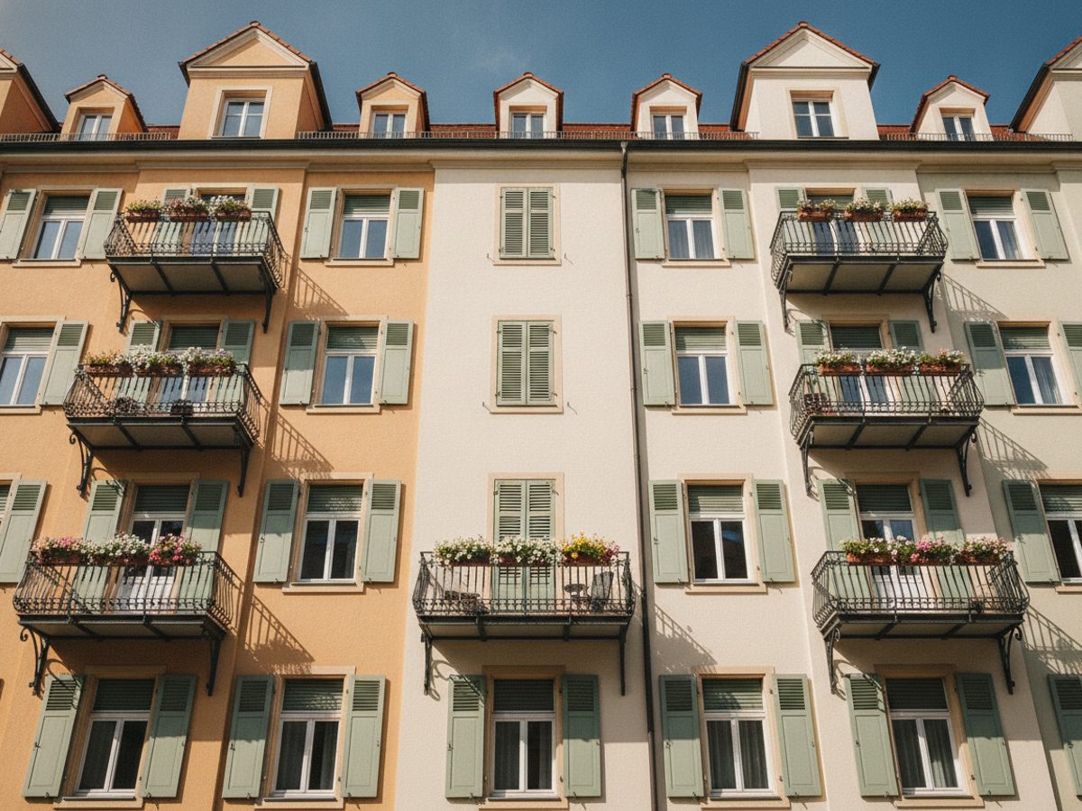 Münchener Altbau-Wohnhäuser mit hellen Putzfassaden und Balkonen in einer ruhigen Straße — virtuelles Home Staging München