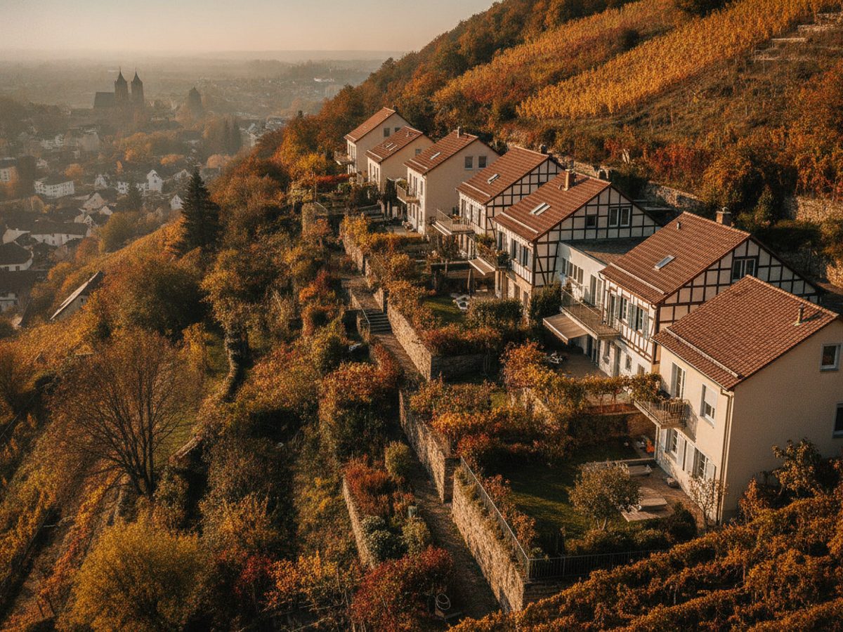 Virtuelles Home Staging Stuttgart — Vastgoedstudio Wohnhäuser an einem Hang mit terrassierten Gärten und Blick über ein Tal — virtuelles Home Staging Stuttgart