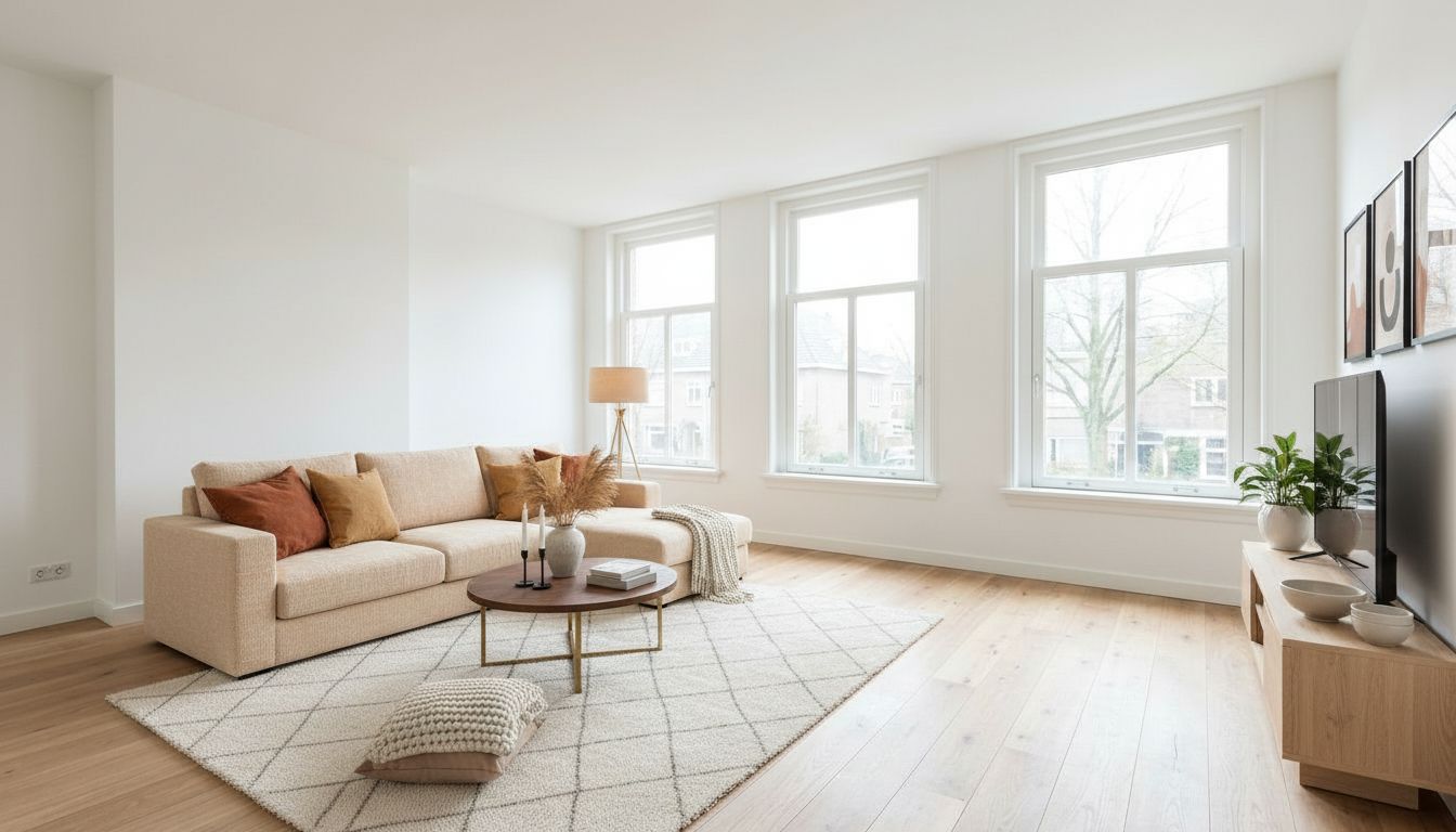 Lege woonkamer → ingericht — na