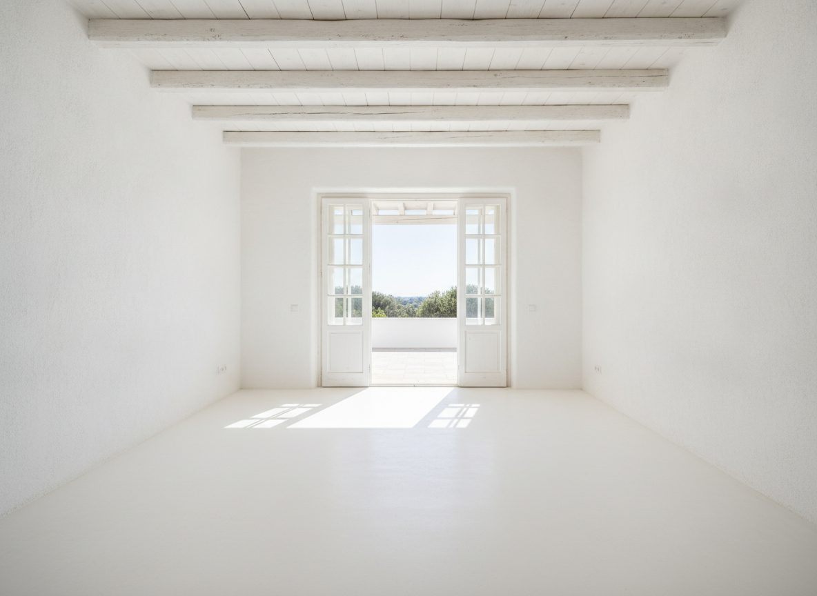 weiß verputztes Zimmer mit Balken vor dem virtuellen Home Staging (Beispielraum)