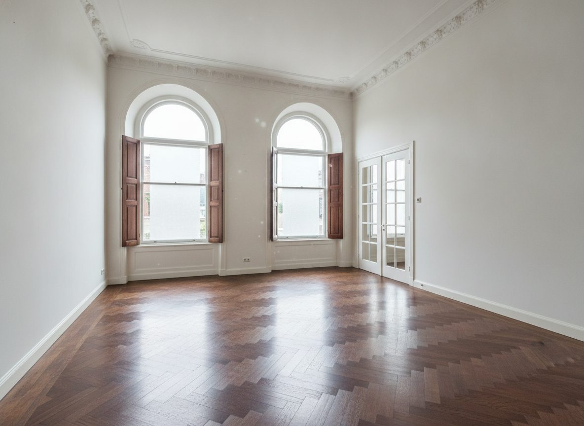 hohes Stadtzimmer mit Flügeltüren vor dem virtuellen Home Staging (Beispielraum)