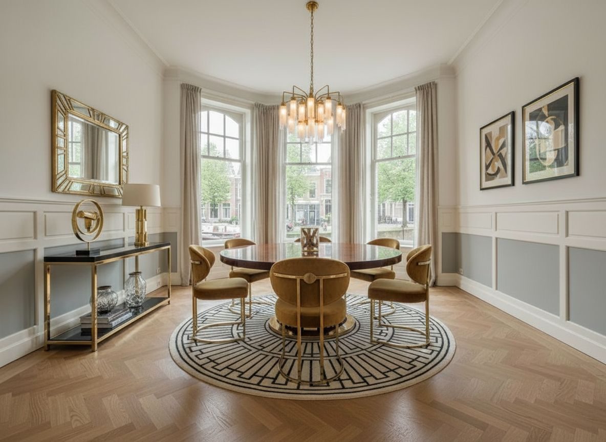Dezelfde eetkamer ingericht in Art deco-stijl (AI-impressie)