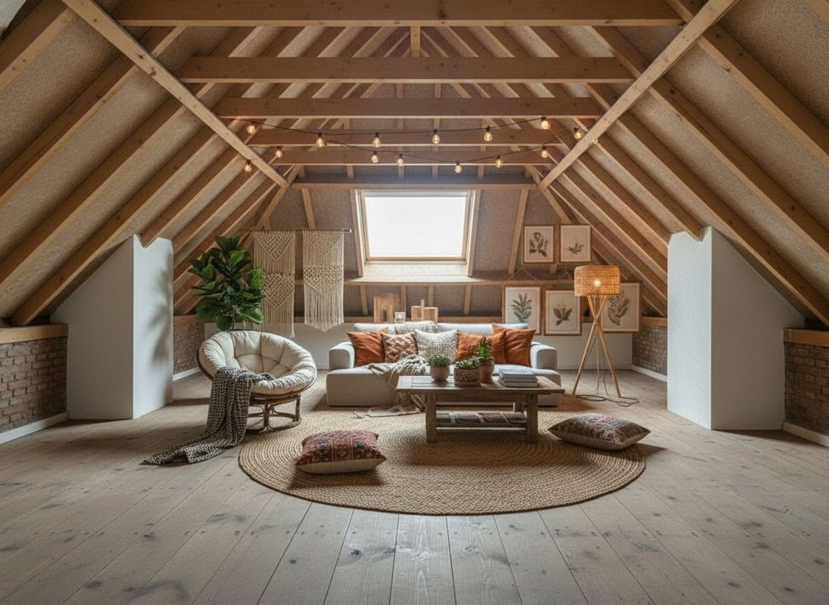 Dezelfde zolderkamer ingericht in Bohemian (boho)-stijl (AI-impressie)