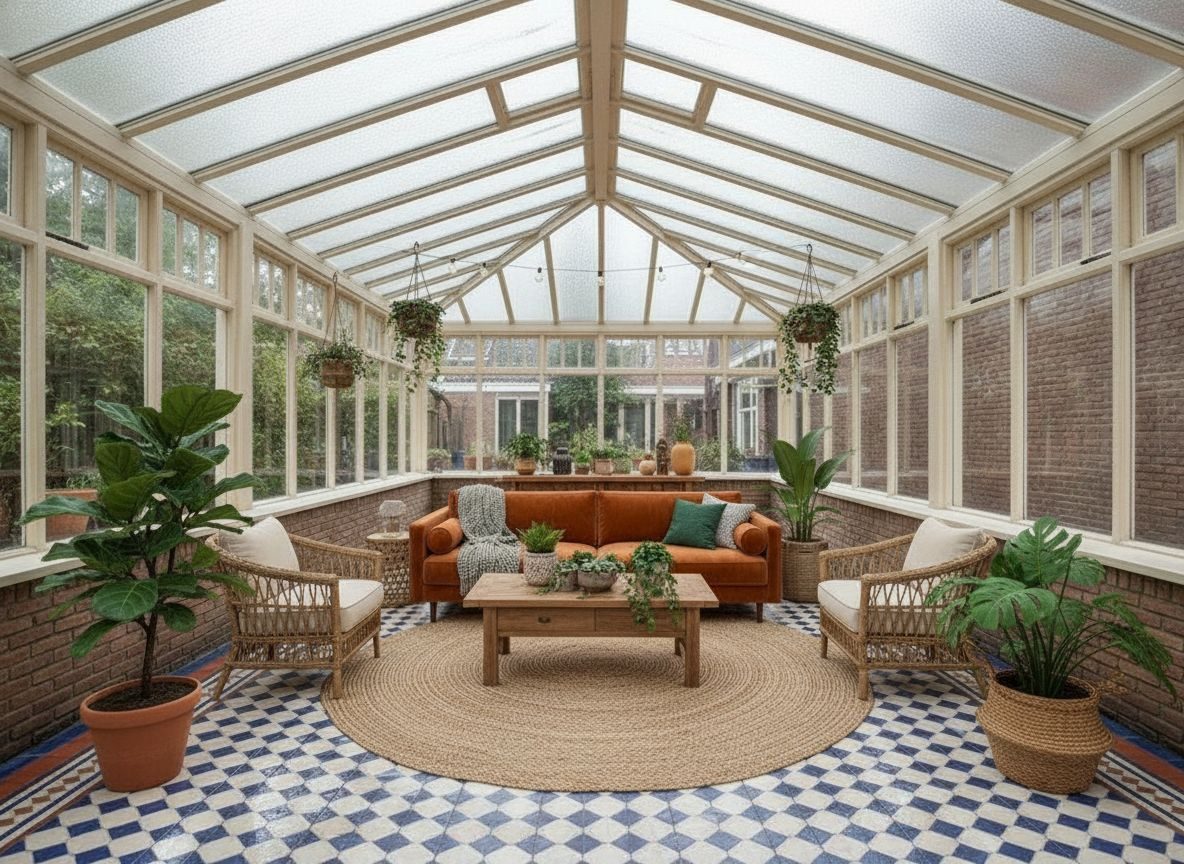 Dezelfde serre ingericht in Botanisch-stijl (AI-impressie)