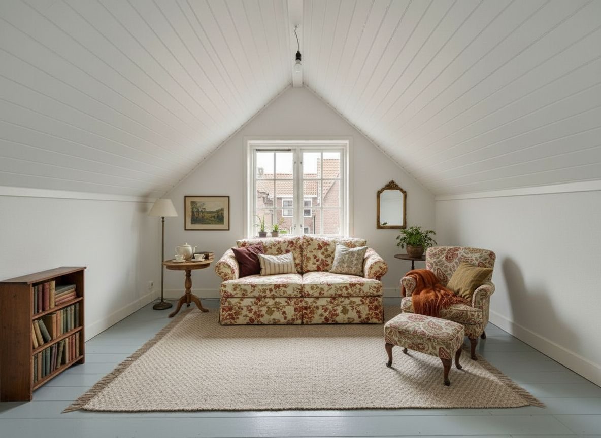 Dezelfde zolderkamertje ingericht in Engelse cottage-stijl (AI-impressie)