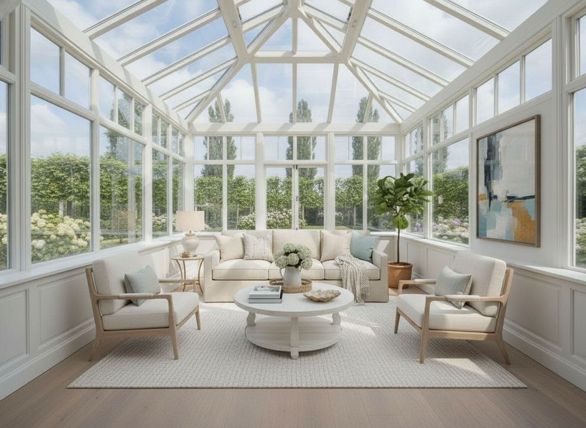 Dezelfde orangerie ingericht in Hamptons-stijl (AI-impressie)