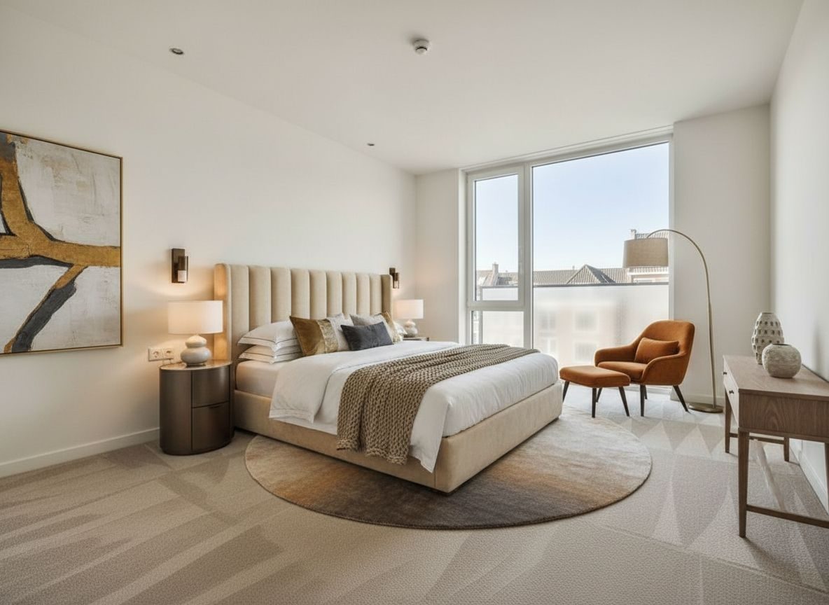 Dezelfde hotelsuite-slaapkamer ingericht in Hotel-chic-stijl (AI-impressie)