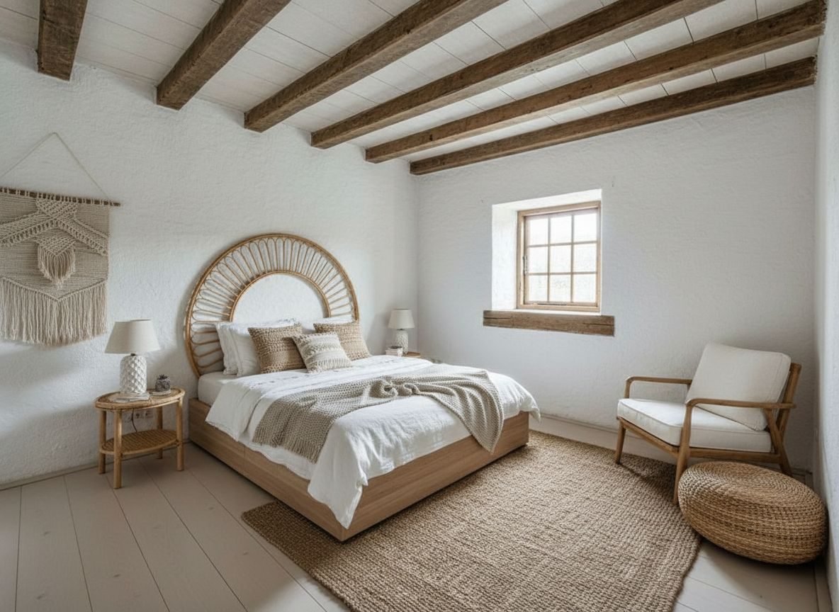 Dezelfde slaapkamer ingericht in Ibiza-stijl (AI-impressie)