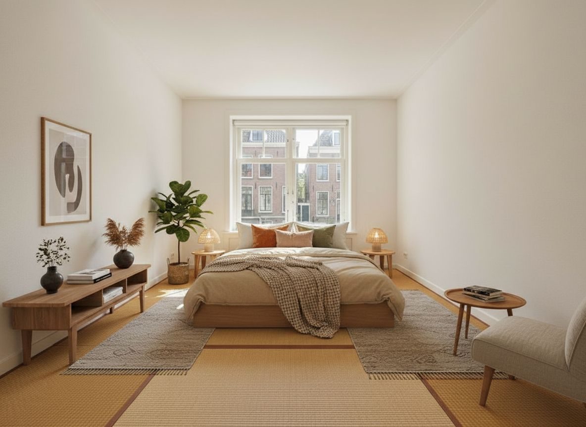 Dezelfde slaapkamer ingericht in Japandi-stijl (AI-impressie)
