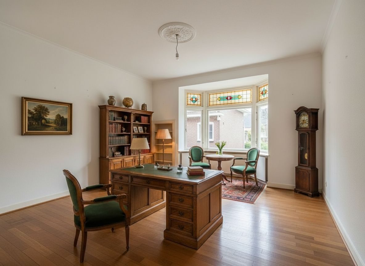 Dezelfde voorkamer met erker ingericht in Jaren ’30-stijl (AI-impressie)