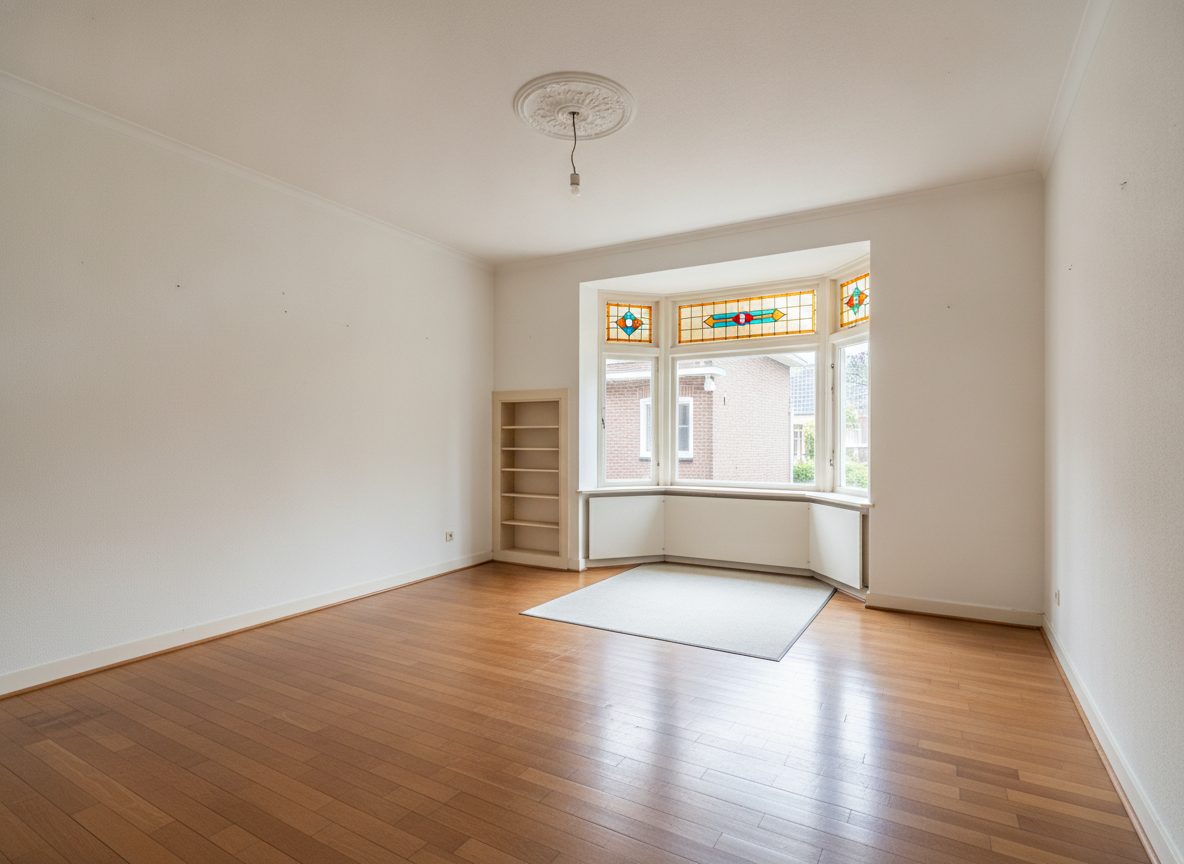 Lege voorkamer met erker vóór het inrichten (demokamer)