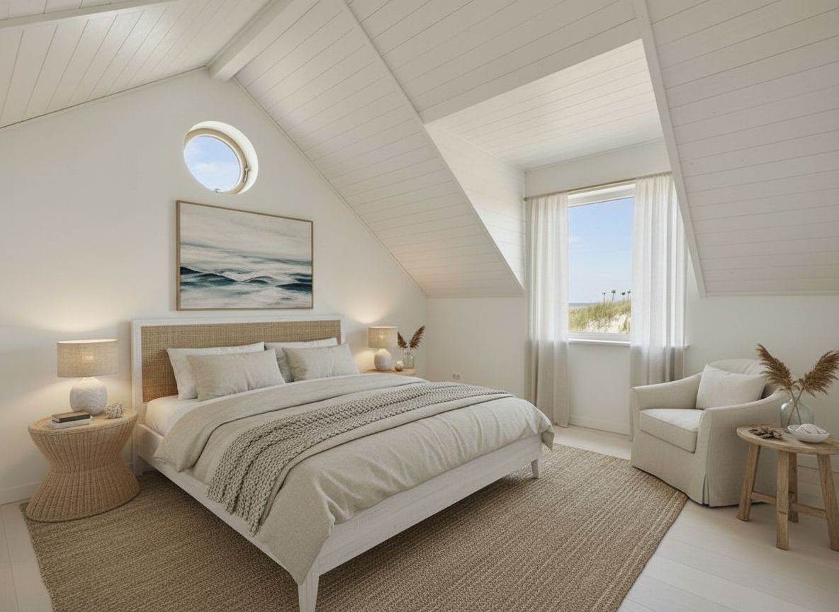 Dezelfde strandhuis-slaapkamer ingericht in Kust & strandhuis-stijl (AI-impressie)